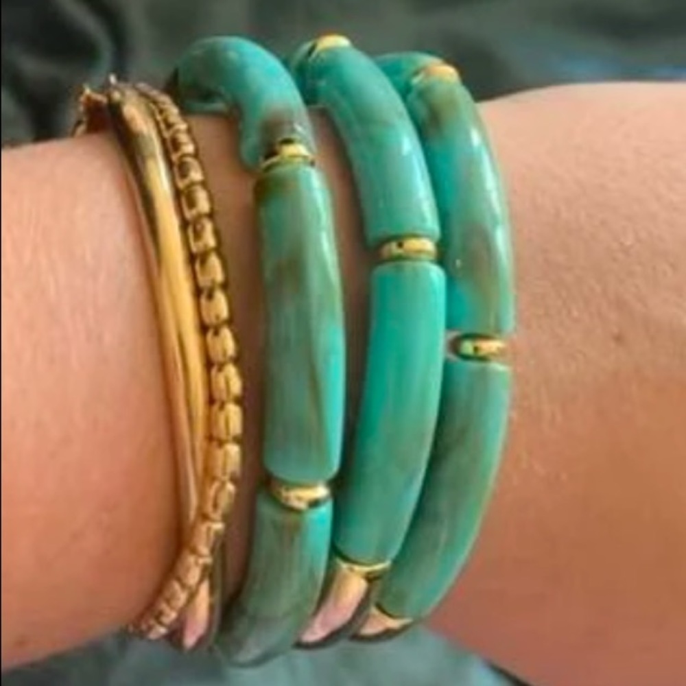NWT 5/$25 Boho Boutique Turquoise Tube Bead Gold Tone Stretch Stacking Bracelet